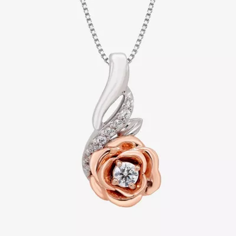 Enchanted Disney Fine Jewelry Womens 1/10 CT. T.W. Natural White Diamond 14K Rose Gold Over Silver Sterling Silver Flower 18 Inch Pendant Necklace