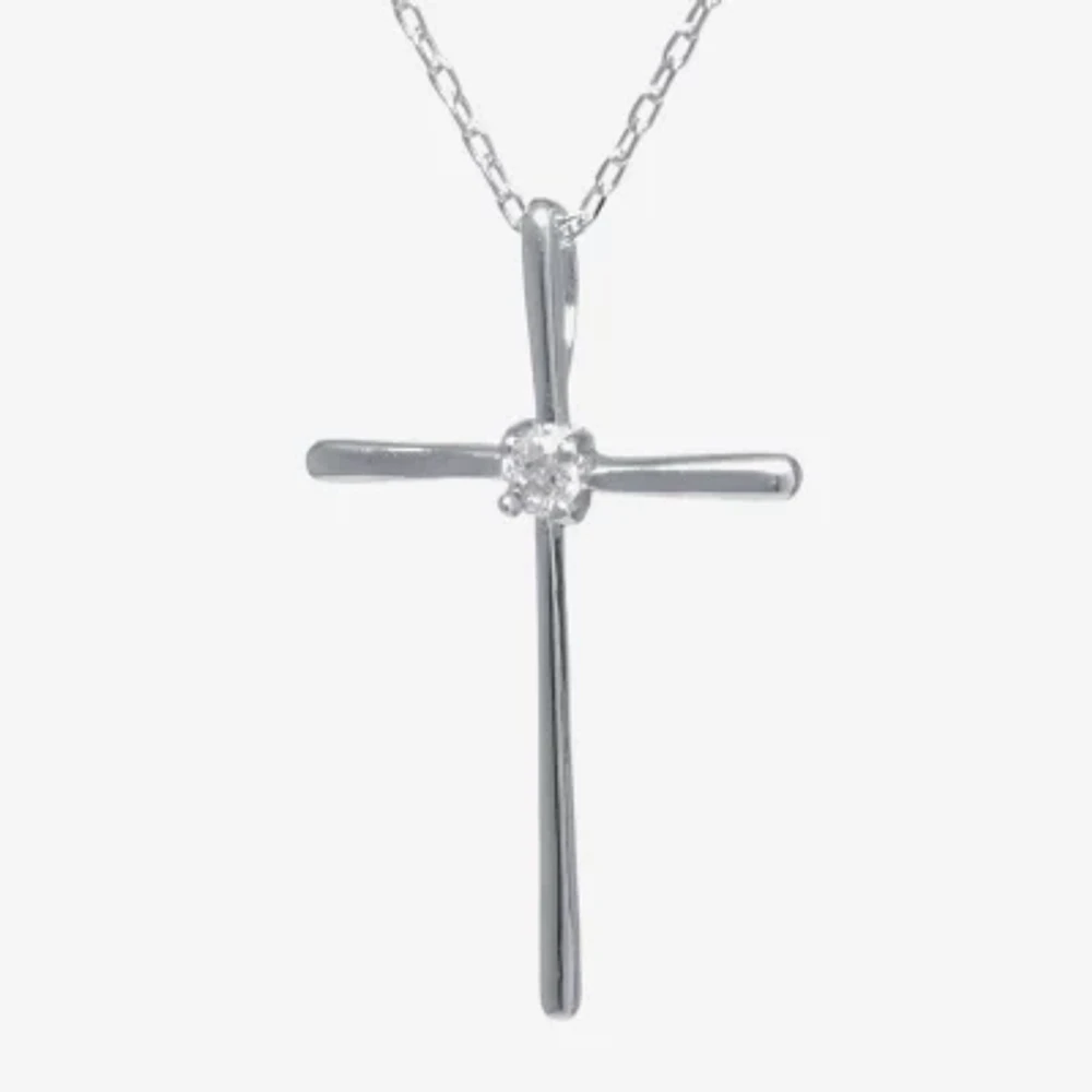 Silver Treasures Womens White Cubic Zirconia Sterling Silver Cross Pendant Necklaces