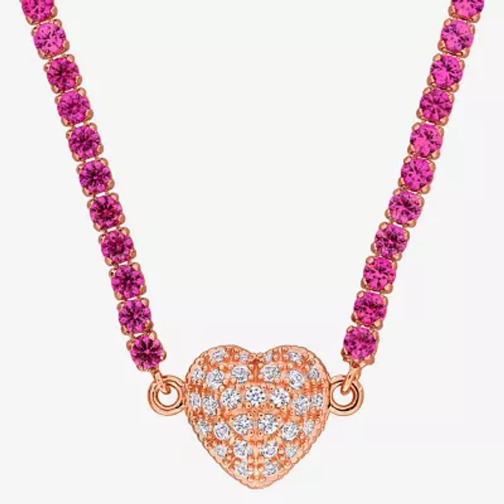 Womens Pink Sapphire 18K Rose Gold Over Silver 17 Inch Tennis Necklace