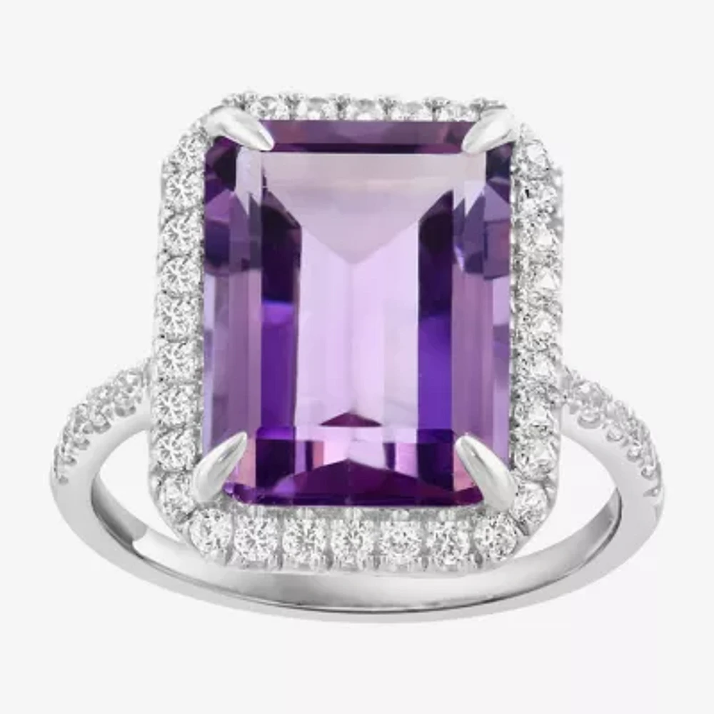 Effy Womens Genuine Purple Amethyst Sterling Silver Halo Side Stone Cocktail Ring