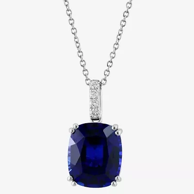 Effy  Womens Diamond Accent Lab Created Blue Sapphire 14K White Gold Cushion 16 Inch Pendant Necklace