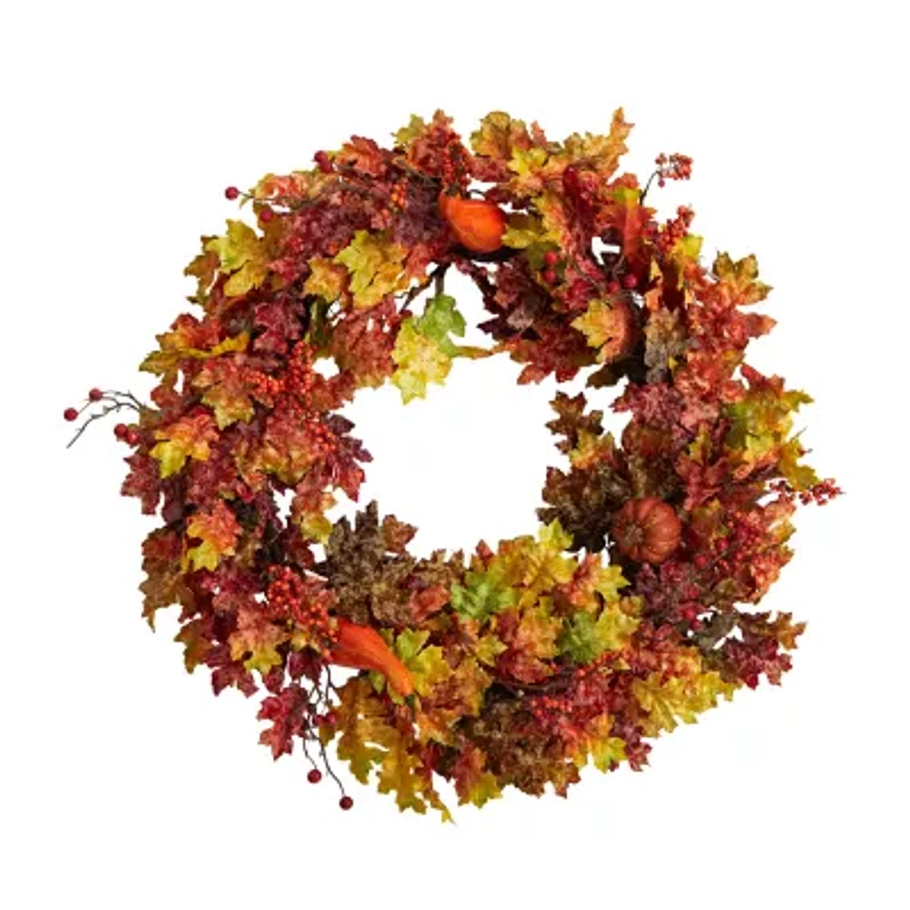 Nearly Natural "32"" Leaf Berries & Pumpkin Faux" Wreath