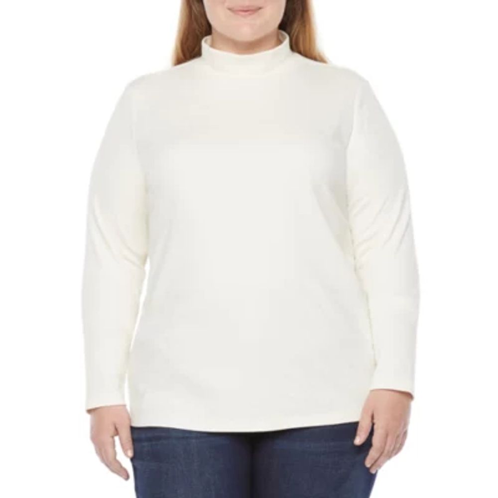 St. John's Bay Womens Plus Mock Neck Long Sleeve T-Shirt