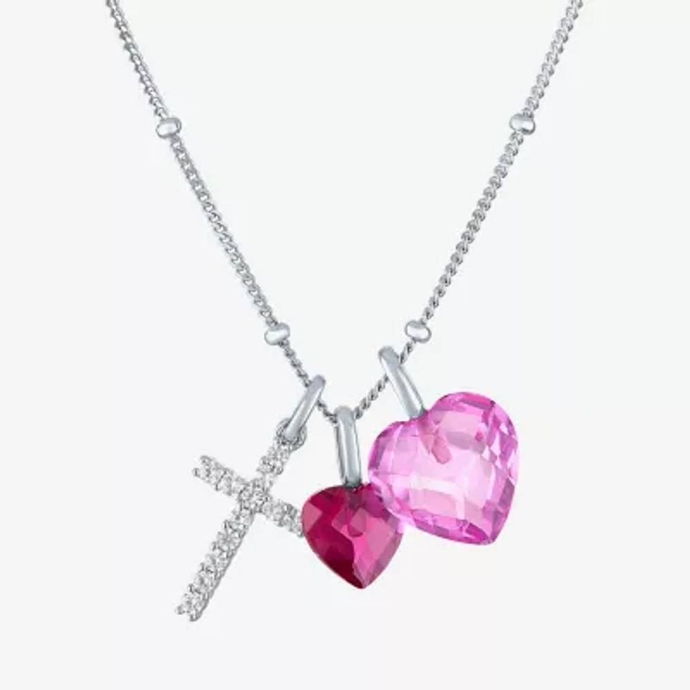 Womens Lab Created Pink Sapphire Sterling Silver Cross Heart 18 Inch Pendant Necklace