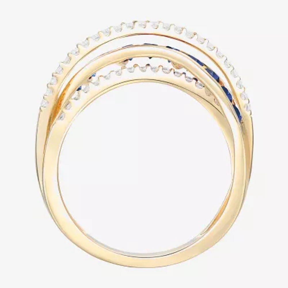 Womens Lab Created Blue Sapphire 14K Gold Over Silver Crossover Side Stone Band