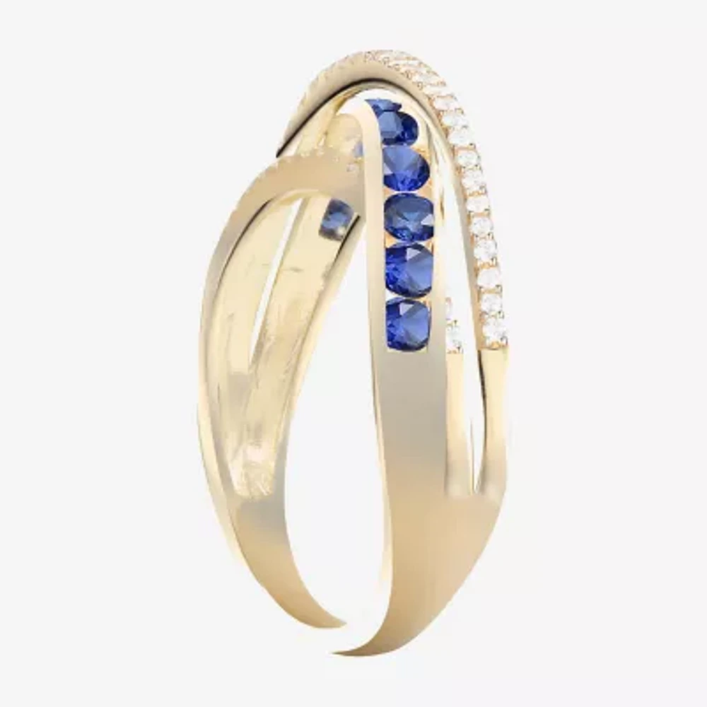 Womens Lab Created Blue Sapphire 14K Gold Over Silver Crossover Side Stone Band