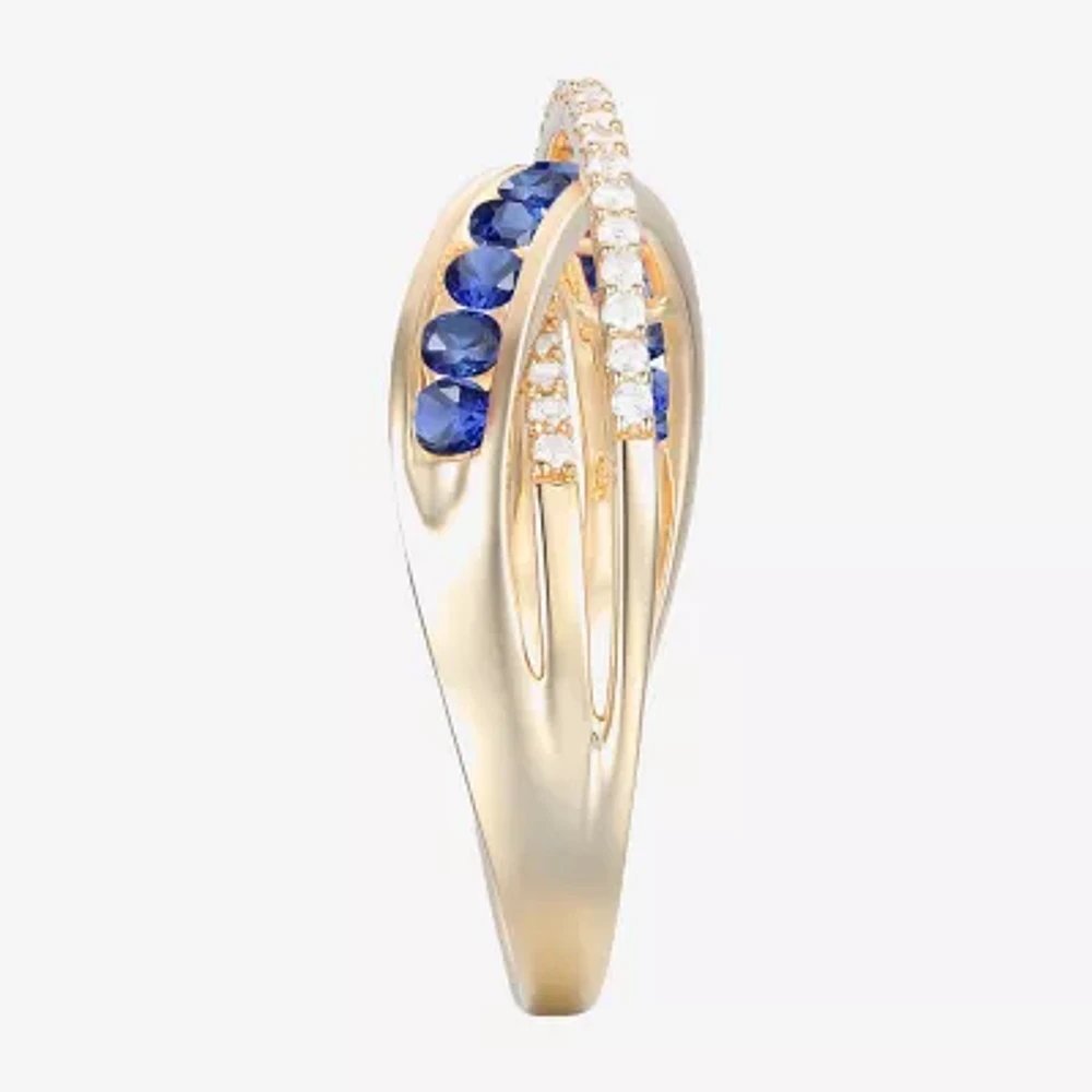 Womens Lab Created Blue Sapphire 14K Gold Over Silver Crossover Side Stone Band