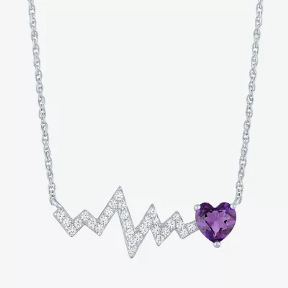 Heartbeat Womens Lab Created Purple Amethyst Sterling Silver Heart 18 Inch Pendant Necklace