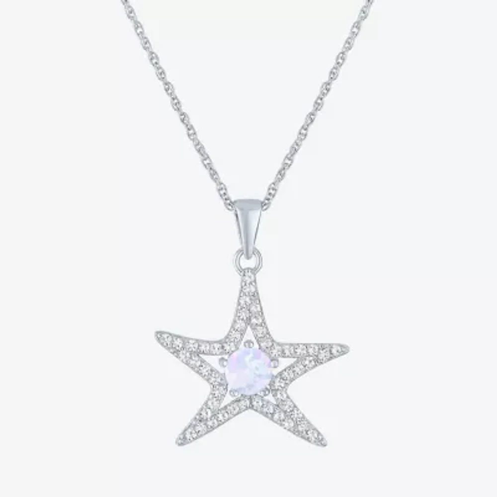 Womens Lab Created White Opal Sterling Silver Star 16 Inch Pendant Necklace