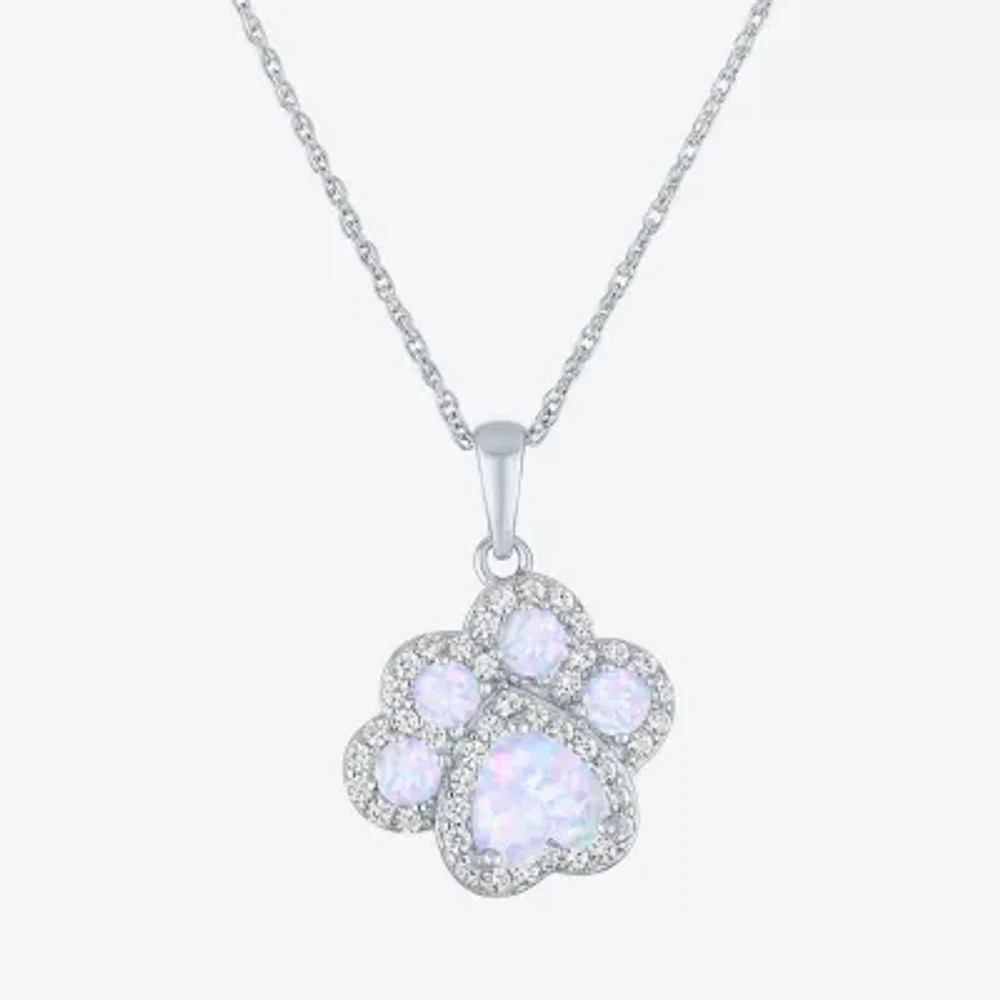 Paw Print Womens Lab Created White Opal Sterling Silver 18 Inch Pendant Necklace