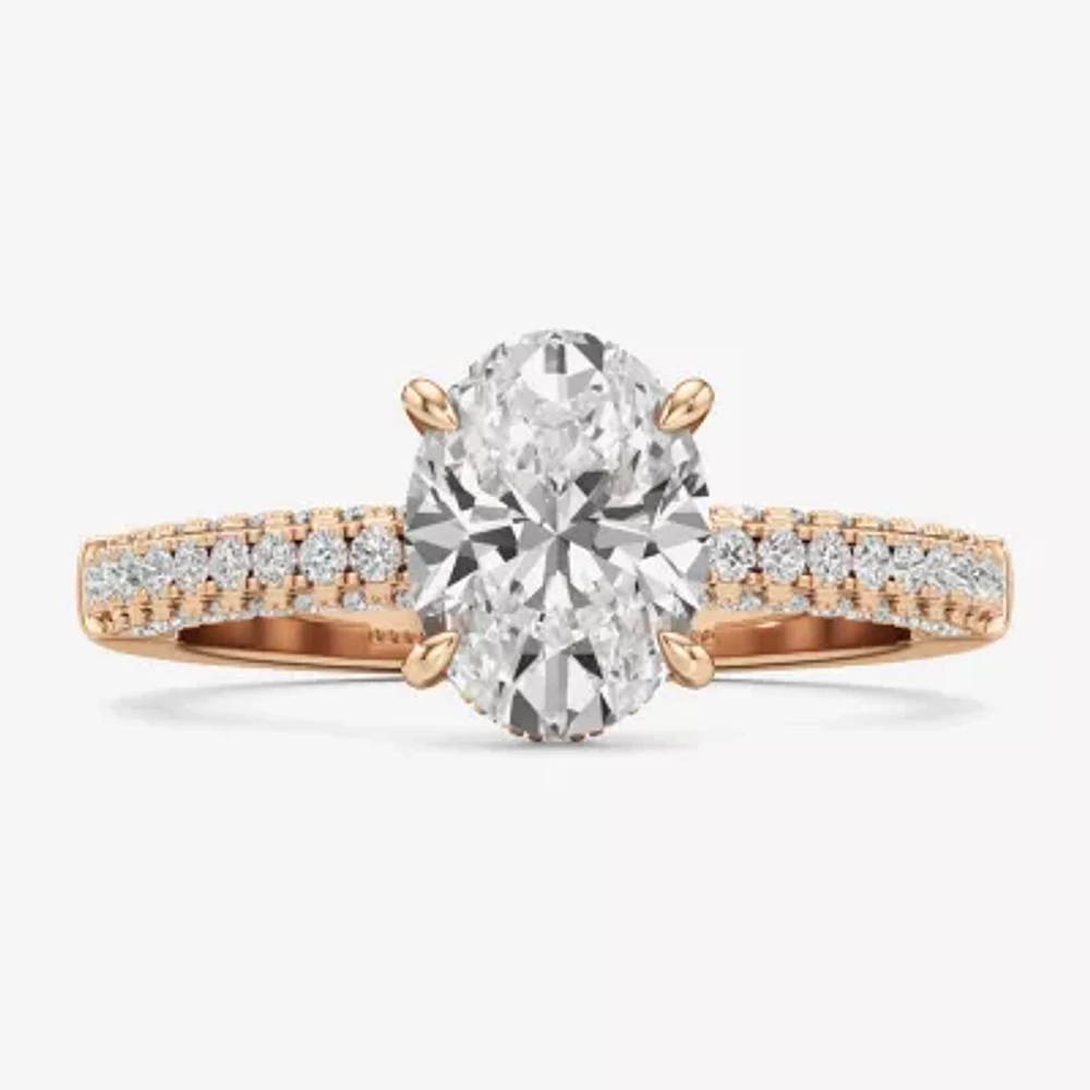 (F / Si2) Womens 2 CT. T.W. Lab Grown White Diamond 10K Gold Oval Side Stone Engagement Ring