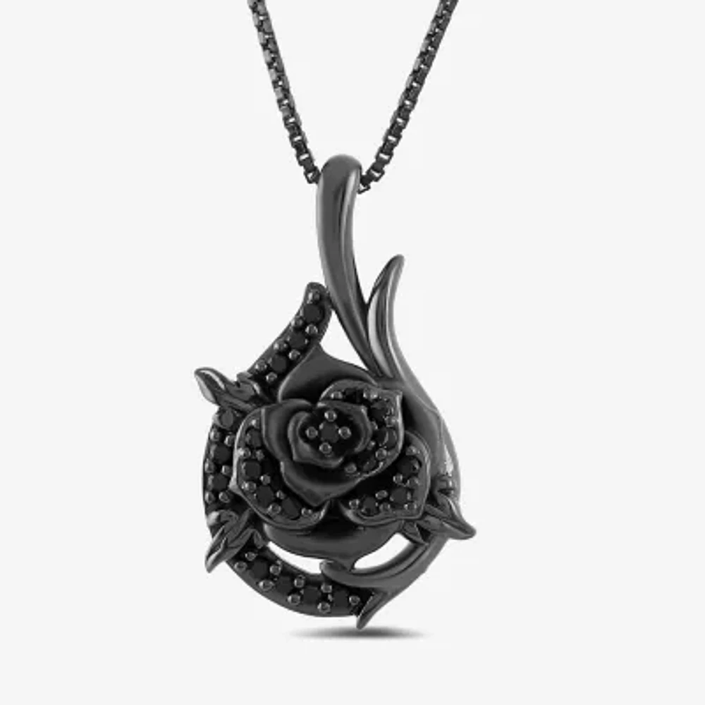 Enchanted Disney Fine Jewelry Womens 1/6 CT. T.W. Natural Black Diamond Sterling Silver Flower 18 Inch Pendant Necklace