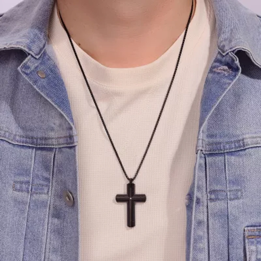 Mens Diamond Accent Diamond Stainless Steel Cross 24 Inch Pendant Necklace