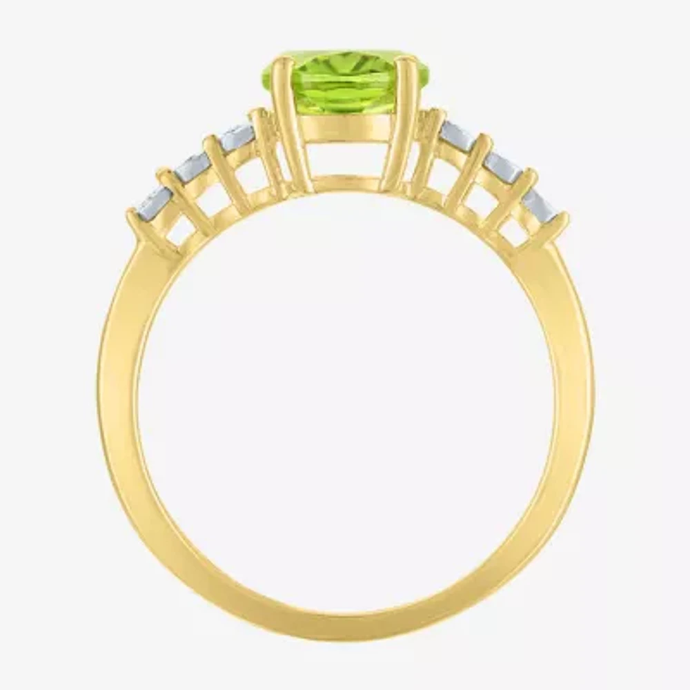 Womens Diamond Accent Genuine Green Peridot 10K Gold Delicate Side Stone Cocktail Ring