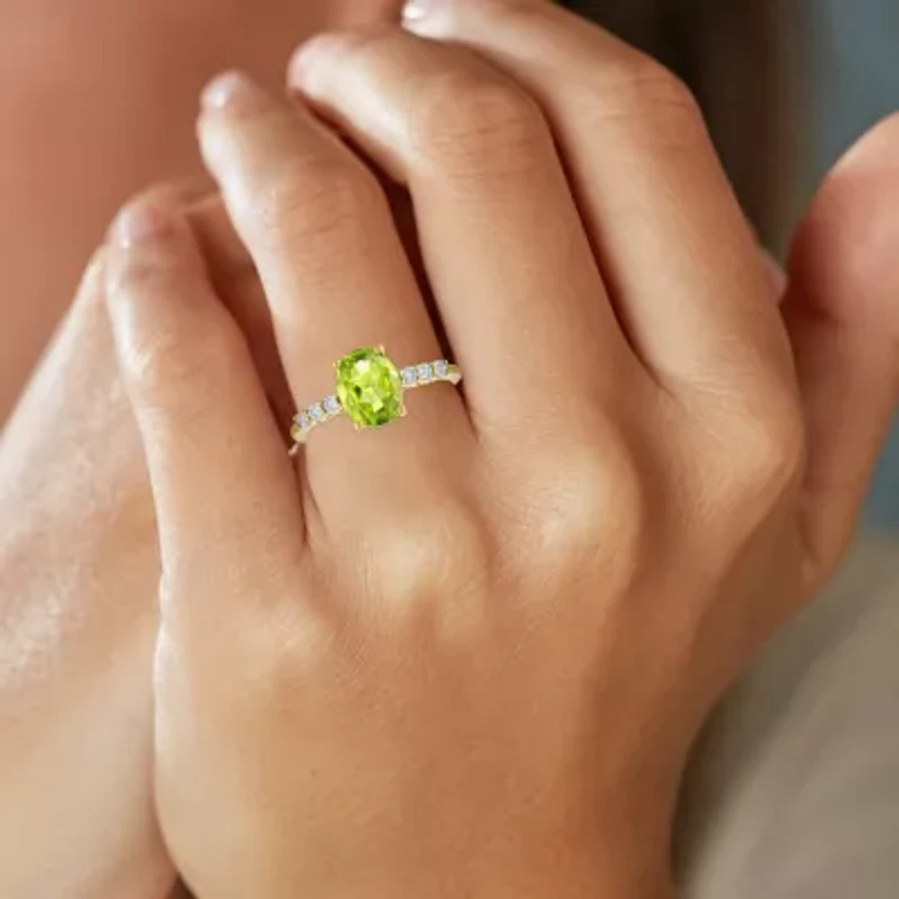 Womens Diamond Accent Genuine Green Peridot 10K Gold Delicate Side Stone Cocktail Ring