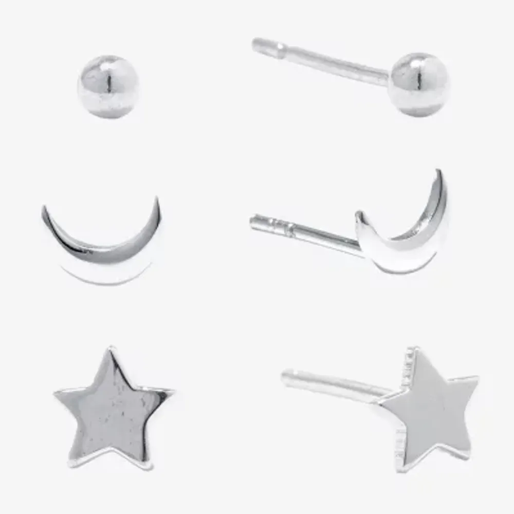 Silver Treasures Womens Sterling Silver Moon Star 3 Pair Earring Set