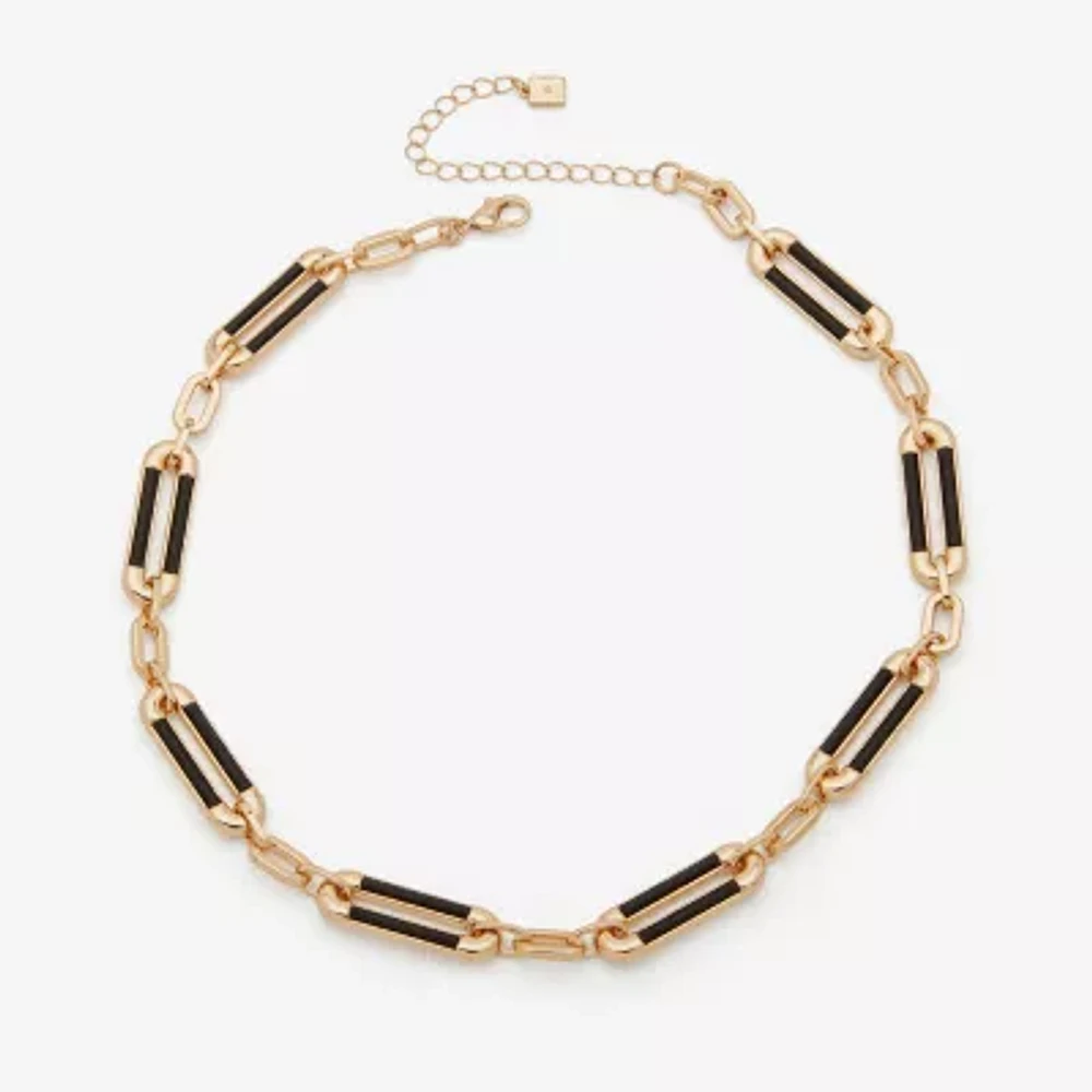 Worthington Gold Tone & Black Leather Link Womens 17 Inch Collar Necklace