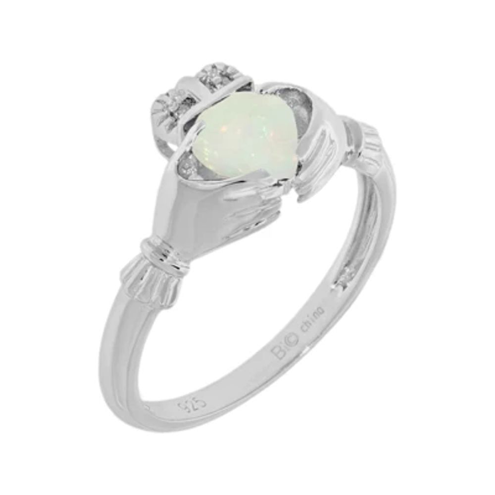 Heart-Shaped Lab-Created Opal and Diamond-Accent Sterling Silver Claddagh Ring