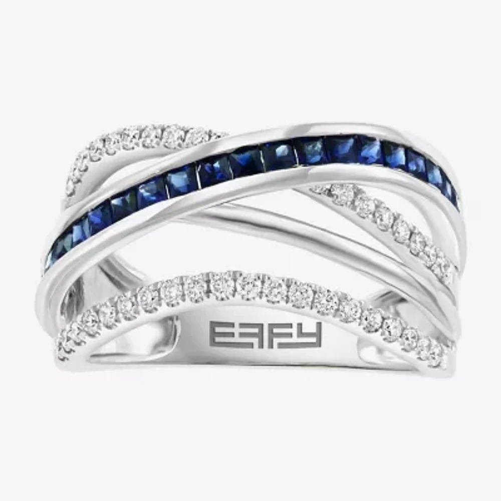 Effy Womens Genuine Blue Sapphire & 1/3 CT. T.W. Natural Diamond 14K White Gold Cocktail Ring