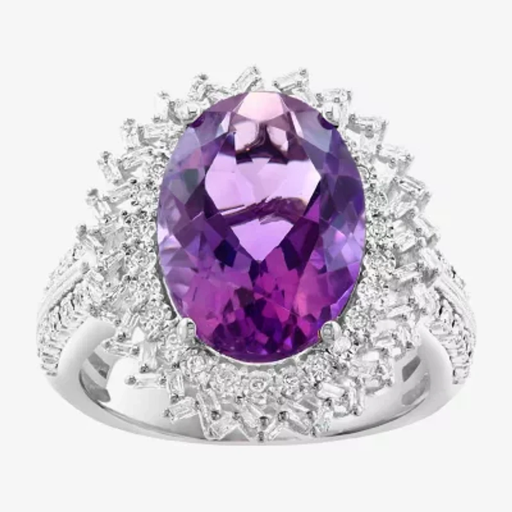 Effy Final Call Womens 3/8 CT. T.W. Genuine Purple Amethyst 14K White Gold Oval Halo Cocktail Ring
