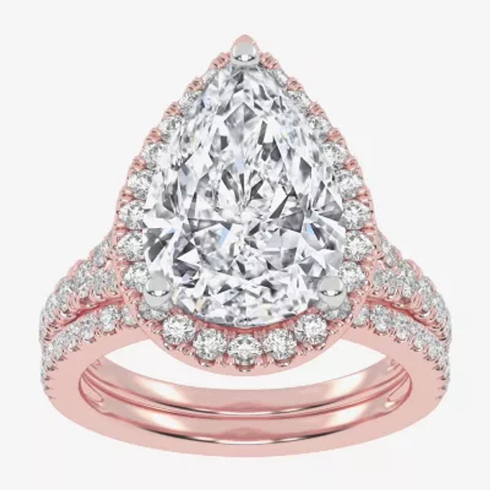 (G-H / Vs2-Si1) Womens 4 3/4 CT. T.W. Lab Grown White Diamond 14K Rose Gold Pear Side Stone Halo Bridal Set