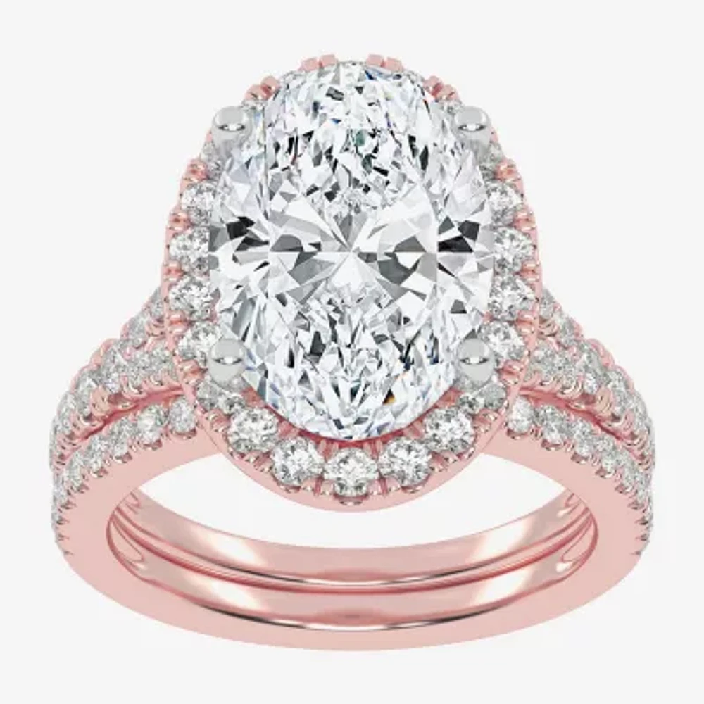 (G-H / Vs2-Si1) Womens 4 3/4 CT. T.W. Lab Grown White Diamond 14K Rose Gold Oval Side Stone Halo Bridal Set