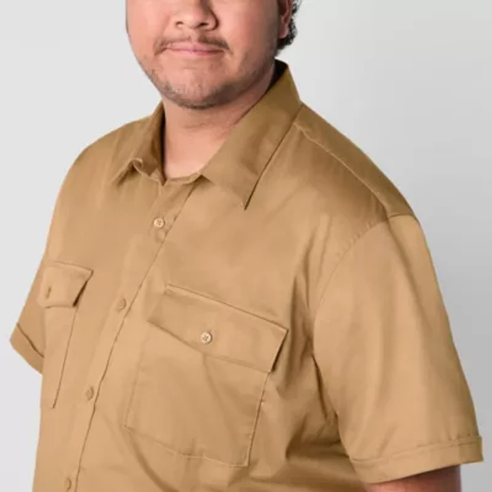 Shaquille O'Neal XLG Satin Utility Mens Short Sleeve Classic Fit Big and Tall Button-Down Shirt