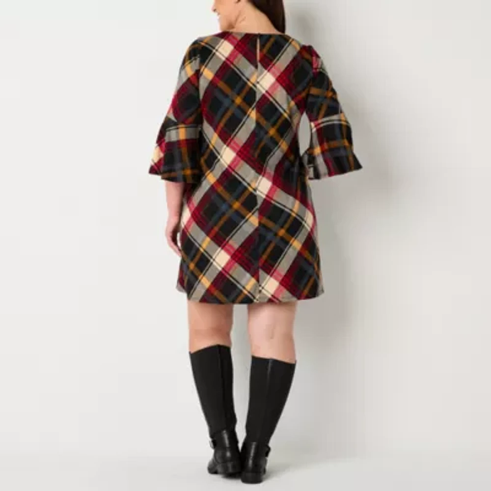 Jessica Howard Womens 3/4 Sleeve Plaid Plus Shift Dress