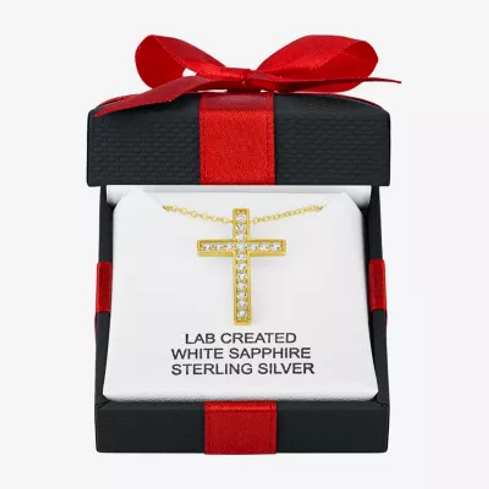 Yes, Please! Womens Lab Created White Sapphire 14K Gold Over Silver Cross 18 Inch Pendant Necklace