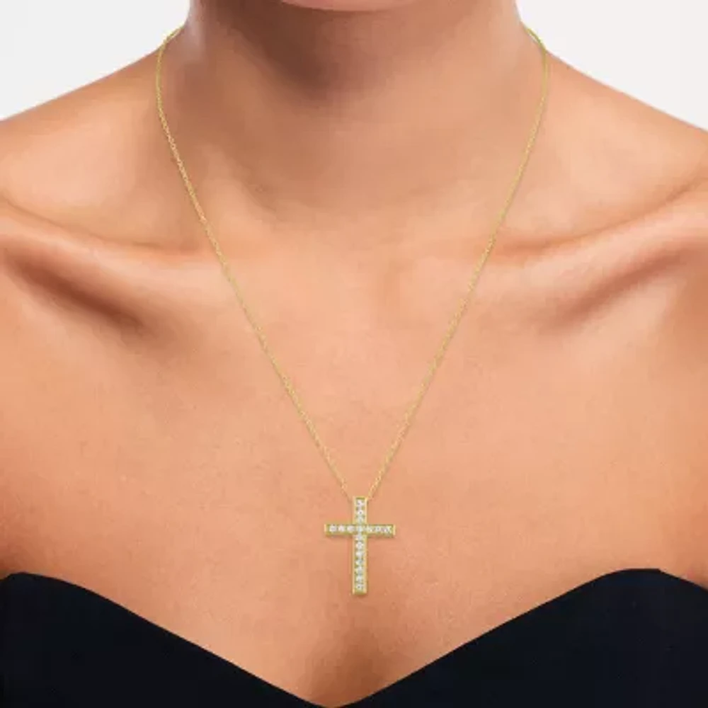 Yes, Please! Womens Lab Created White Sapphire 14K Gold Over Silver Cross 18 Inch Pendant Necklace