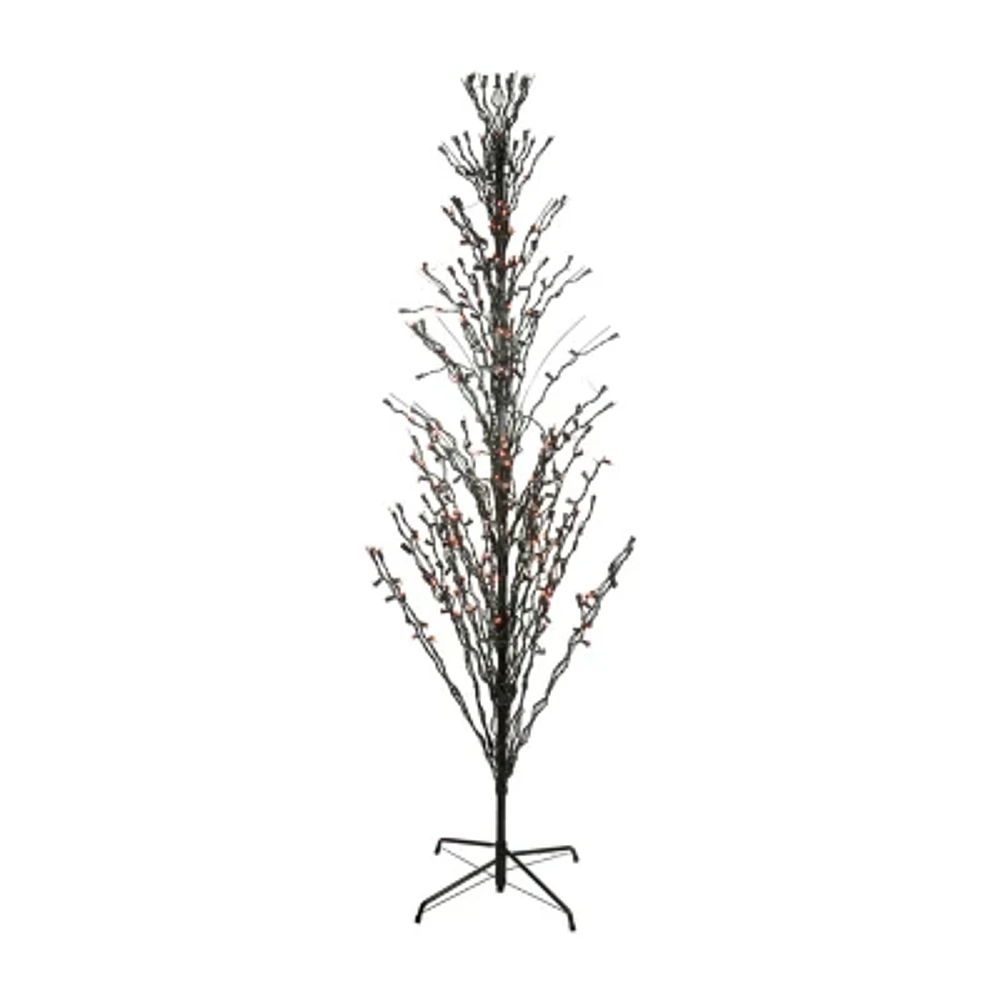 9' Pre-Lit Black Cascade Outdoor Halloween Twig Tree Orange Lights