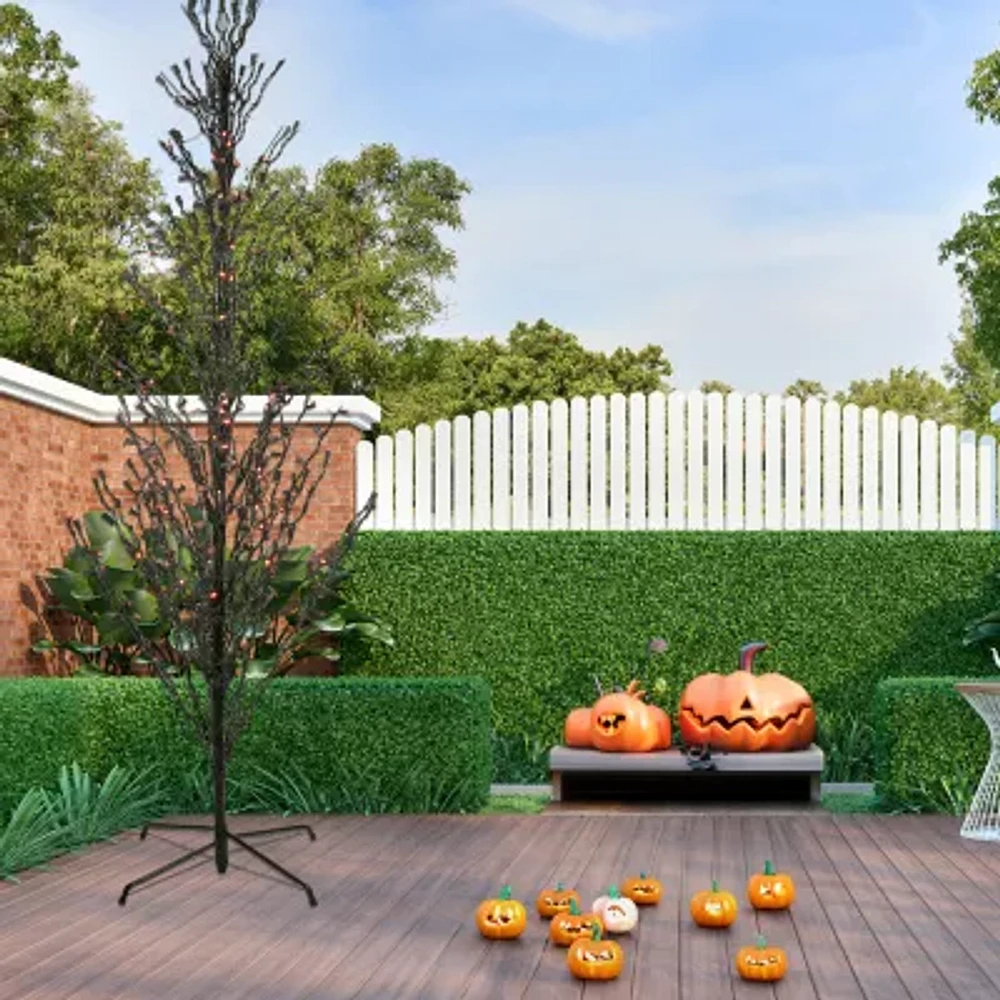 9' Pre-Lit Black Cascade Outdoor Halloween Twig Tree Orange Lights