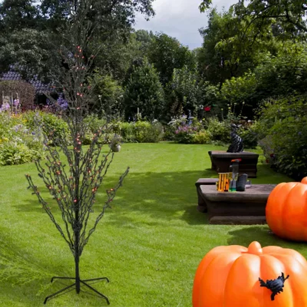 9' Pre-Lit Black Cascade Outdoor Halloween Twig Tree Orange Lights