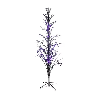 6' Pre-Lit Black Cascade Outdoor Halloween Twig Tree Purple Lights