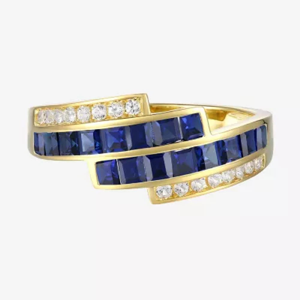 Womens Lab Created Blue Sapphire 14K Gold Over Silver Side Stone Bypass Cocktail Ring