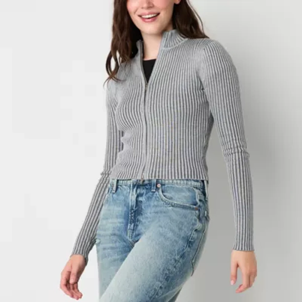 Arizona Womens Mock Neck Long Sleeve Zipper Juniors Cardigan