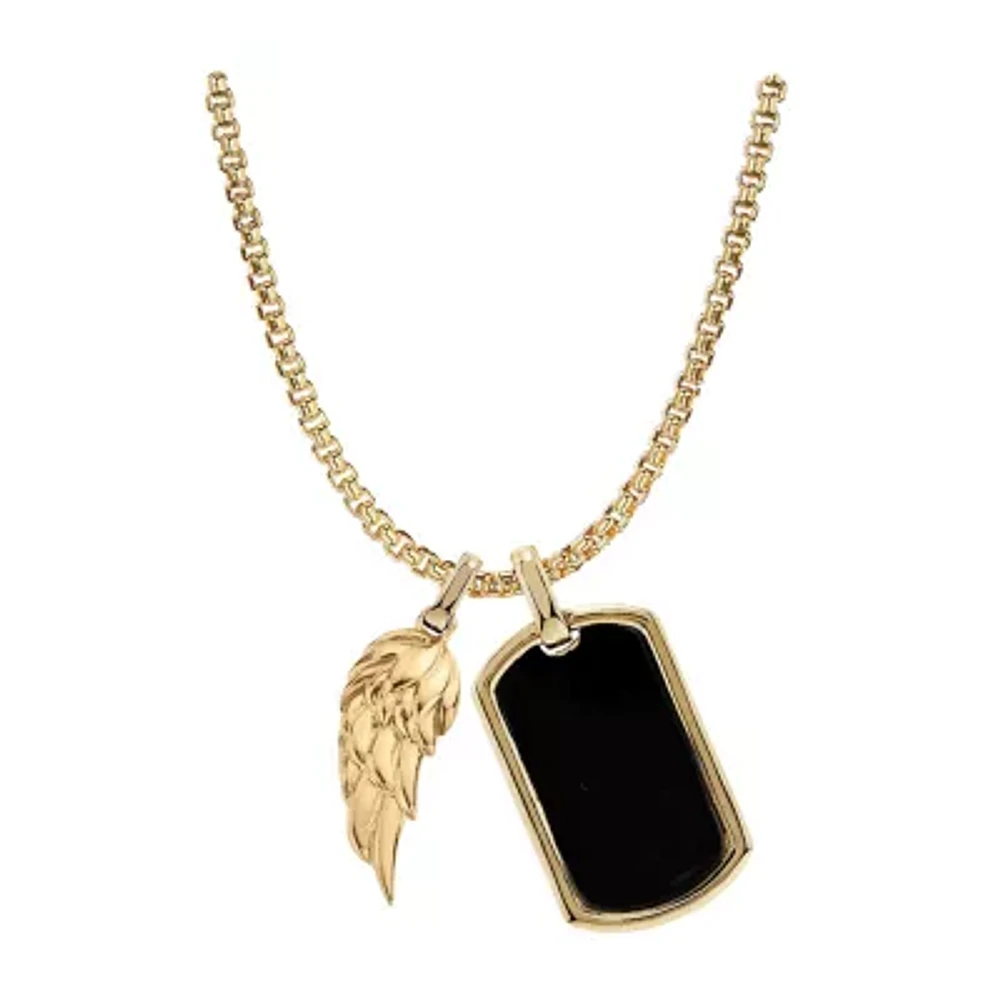Mens Simulated Black Onyx Stainless Steel Wing 26 Inch Pendant Necklace