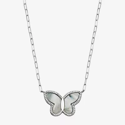 Womens 2 CT. T.W. White Mother Of Pearl Sterling Silver Butterfly Paperclip 17 Inch Pendant Necklace
