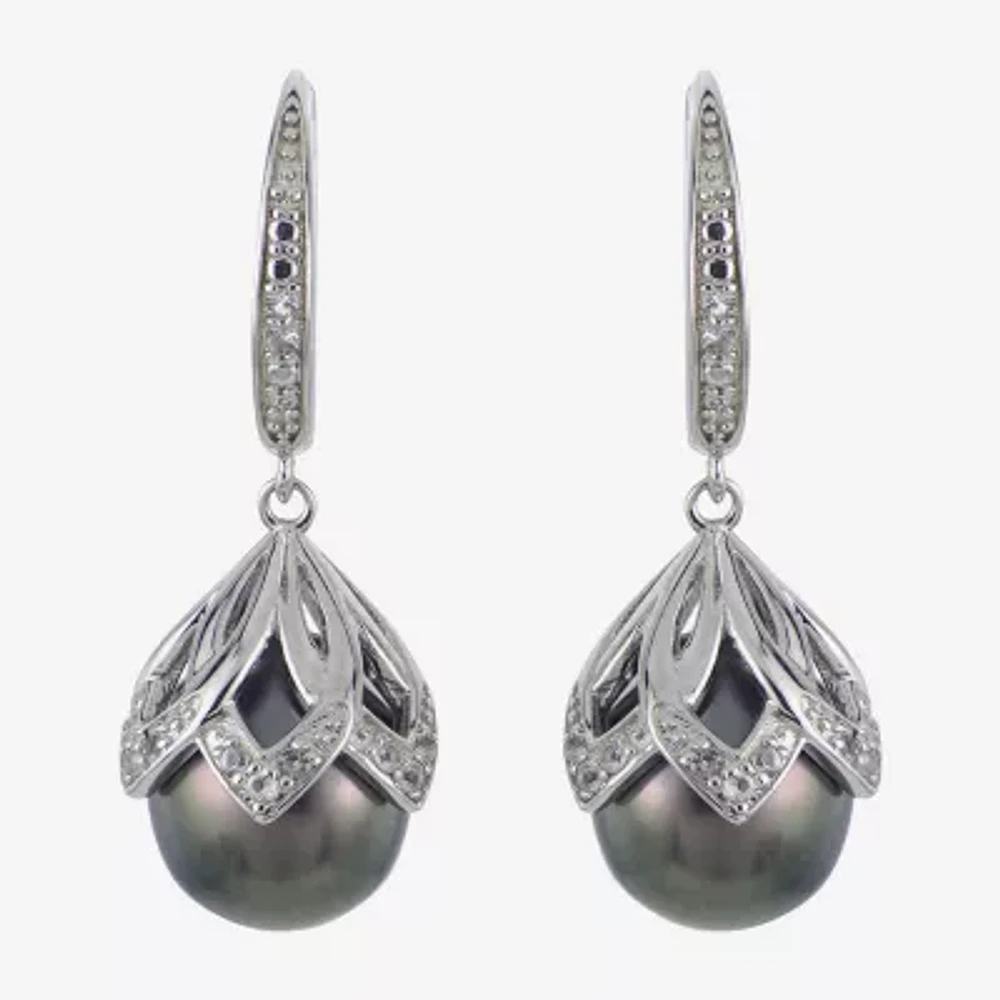 Womens Gray Cultured Tahitian Pearl Sterling Silver Drop Earrings