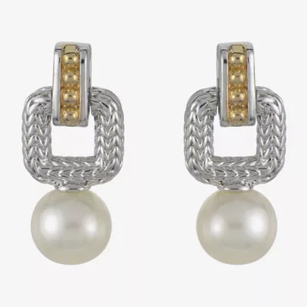 Womens White Cultured Freshwater Pearl 14K Two Tone Gold Over Silver Drop Earrings