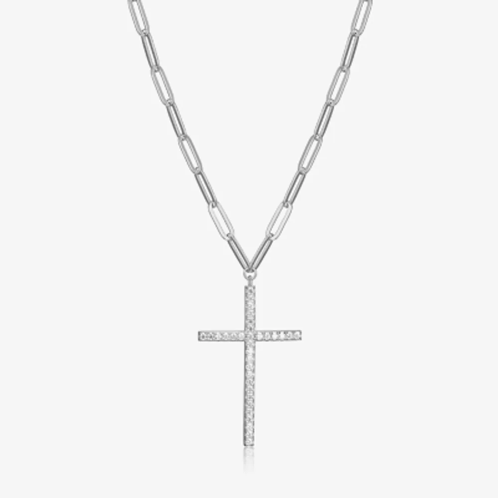 Womens 1/2 CT. T.W. Cubic Zirconia Sterling Silver Cross Paperclip 17 Inch Pendant Necklace