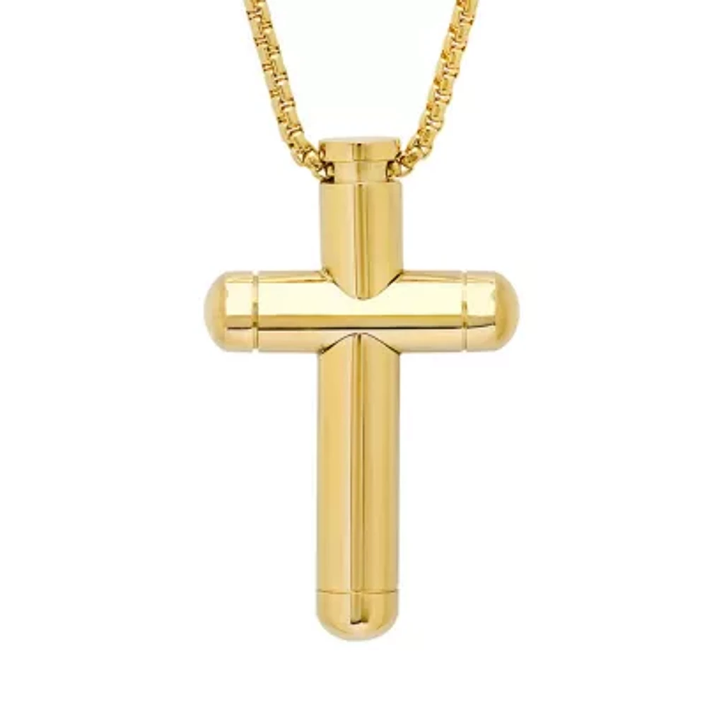 Mens 18K Gold Stainless Steel Cross 24 Inch Pendant Necklace