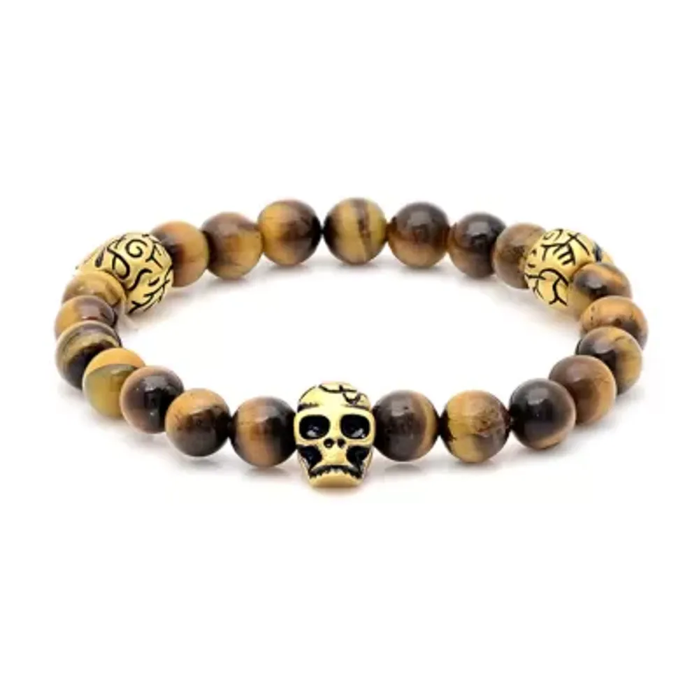 Mens Multi Color Tiger's Eye 18K Gold Stainless Steel Skull Beaded Bracelet
