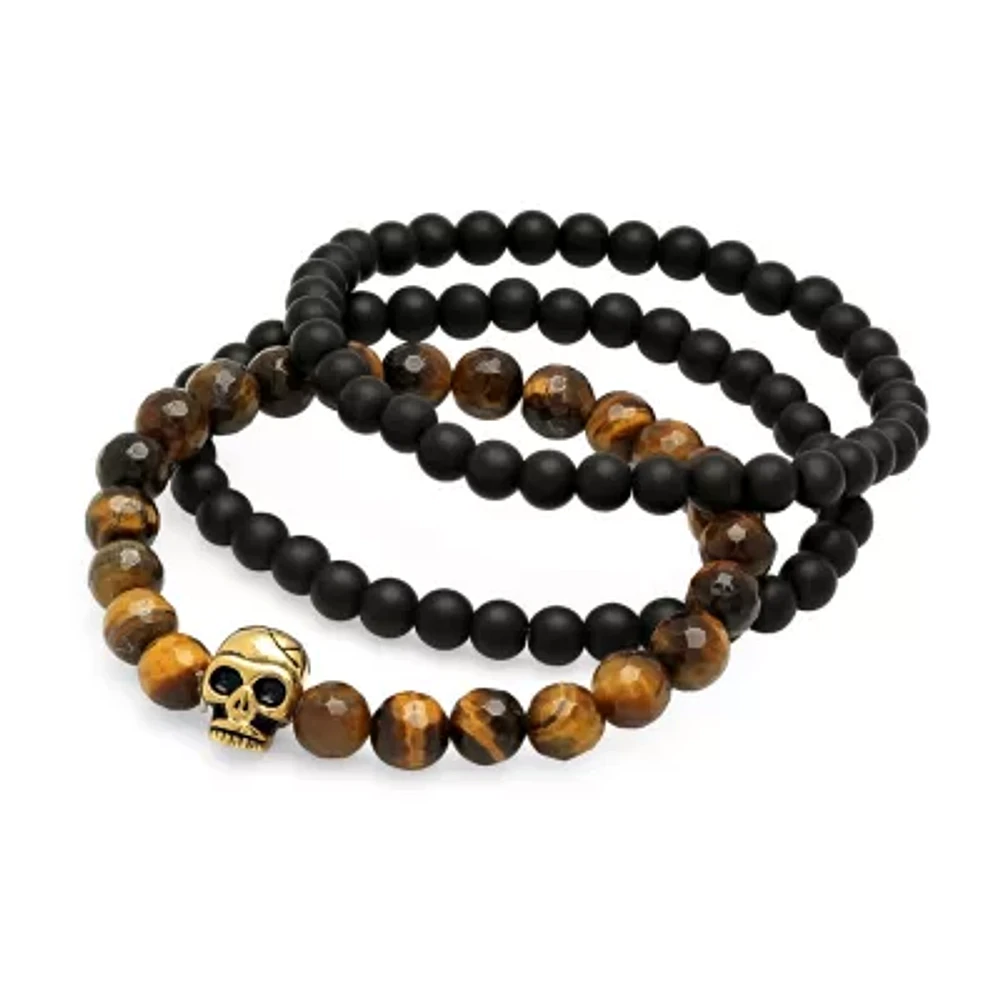 Mens Multi Color Tiger's Eye 18K Gold Stainless Steel Bracelet Set