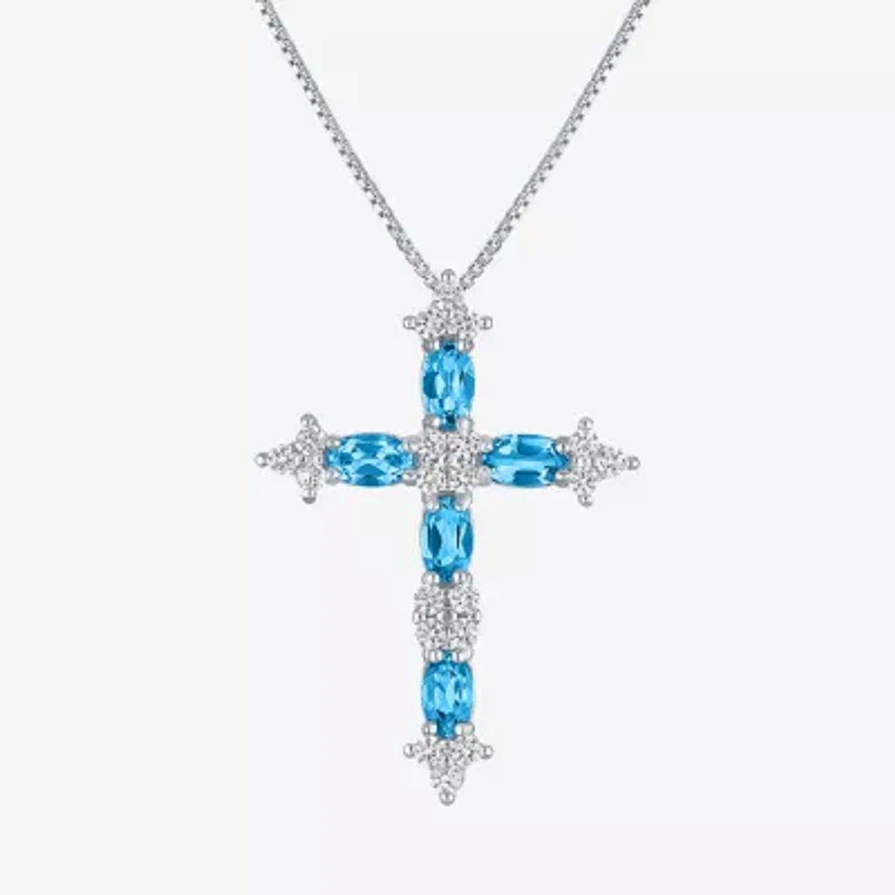 Womens Lab Created Blue Topaz Sterling Silver Cross 18 Inch Pendant Necklace