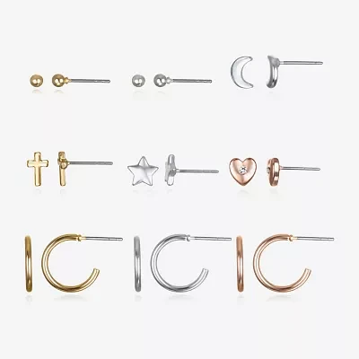 Bijoux Bar Delicates Tri Tone Womens Glass Cross Heart Moon 9 Pair Earring Set