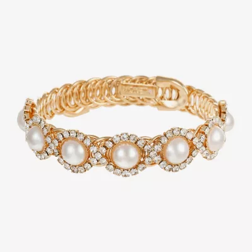 Monet Jewelry Womens Glass Simulated Pearl Round Bangle Bracelet