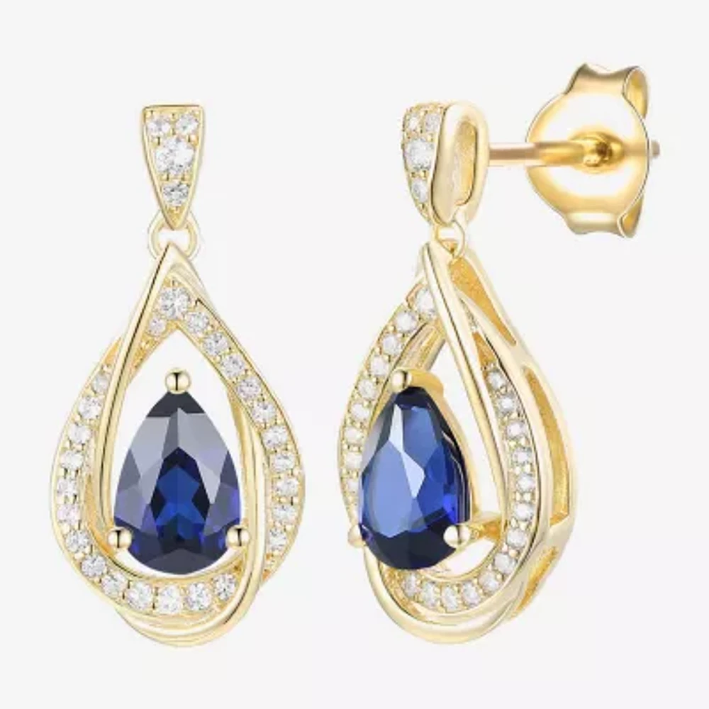 Womens Lab Created Blue Sapphire 14K Gold Over Silver Drop Earrings