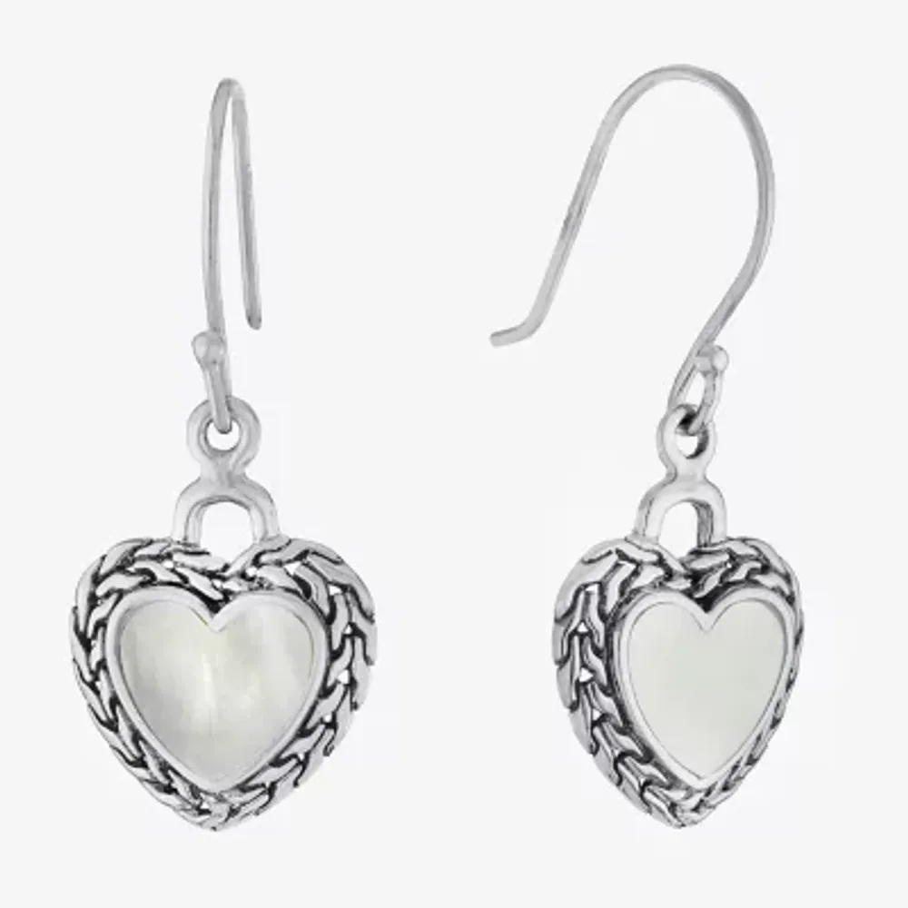 Bali Inspired Womens Genuine White Mother Of Pearl Sterling Silver Heart Drop Earrings