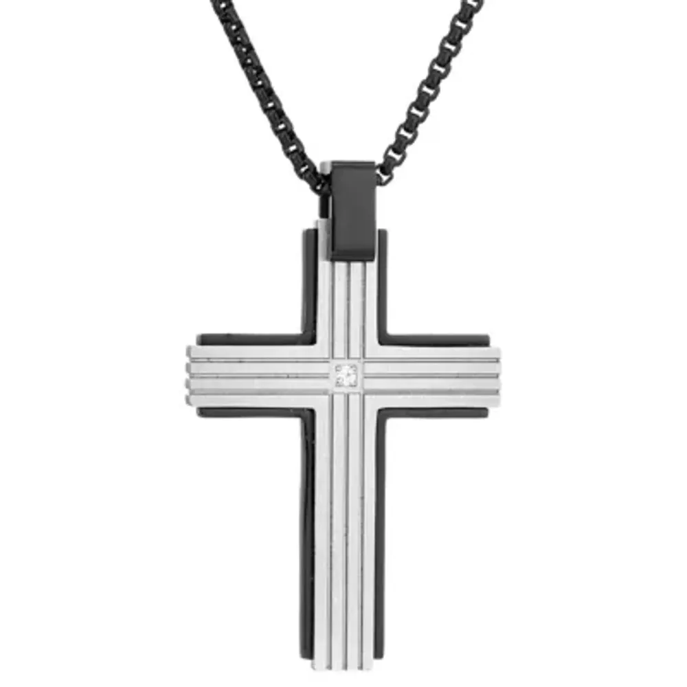 Mens White Cubic Zirconia Sterling Silver Cross 24 Inch Pendant Necklace